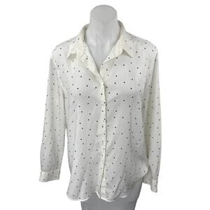 Uniqlo Women's White Polka Dot Long Sleeve Button Down Shirt Blouse Top Size M